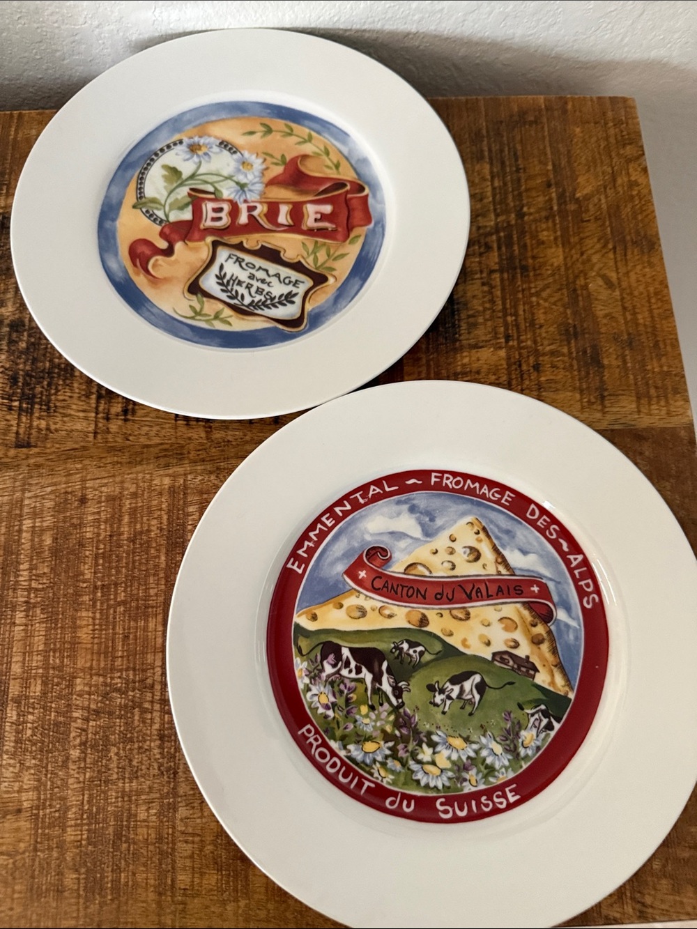 White Ceramic Cheese-Themed bread Plate duo- Red & Blue Accents